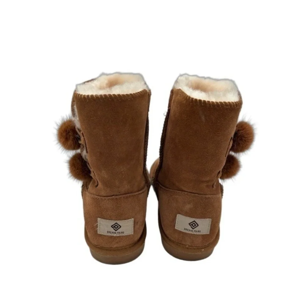 Dream Pairs Shorty Pompon Boots Girls' Size 4 Chestnut Sheepskin Shearling Lined